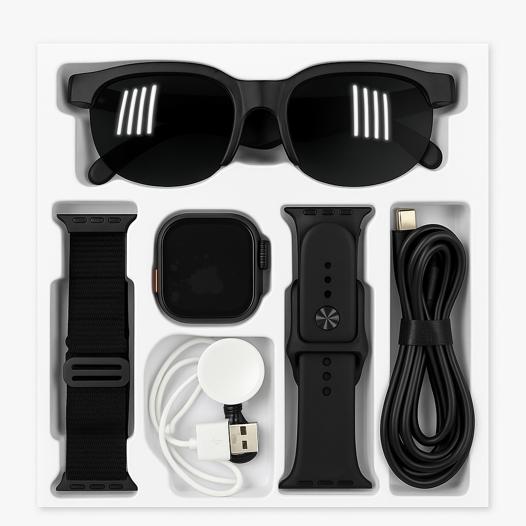 Smart Combo Set – Smartwatch + Sunglasses + Accessories (6-in-1 Kit)